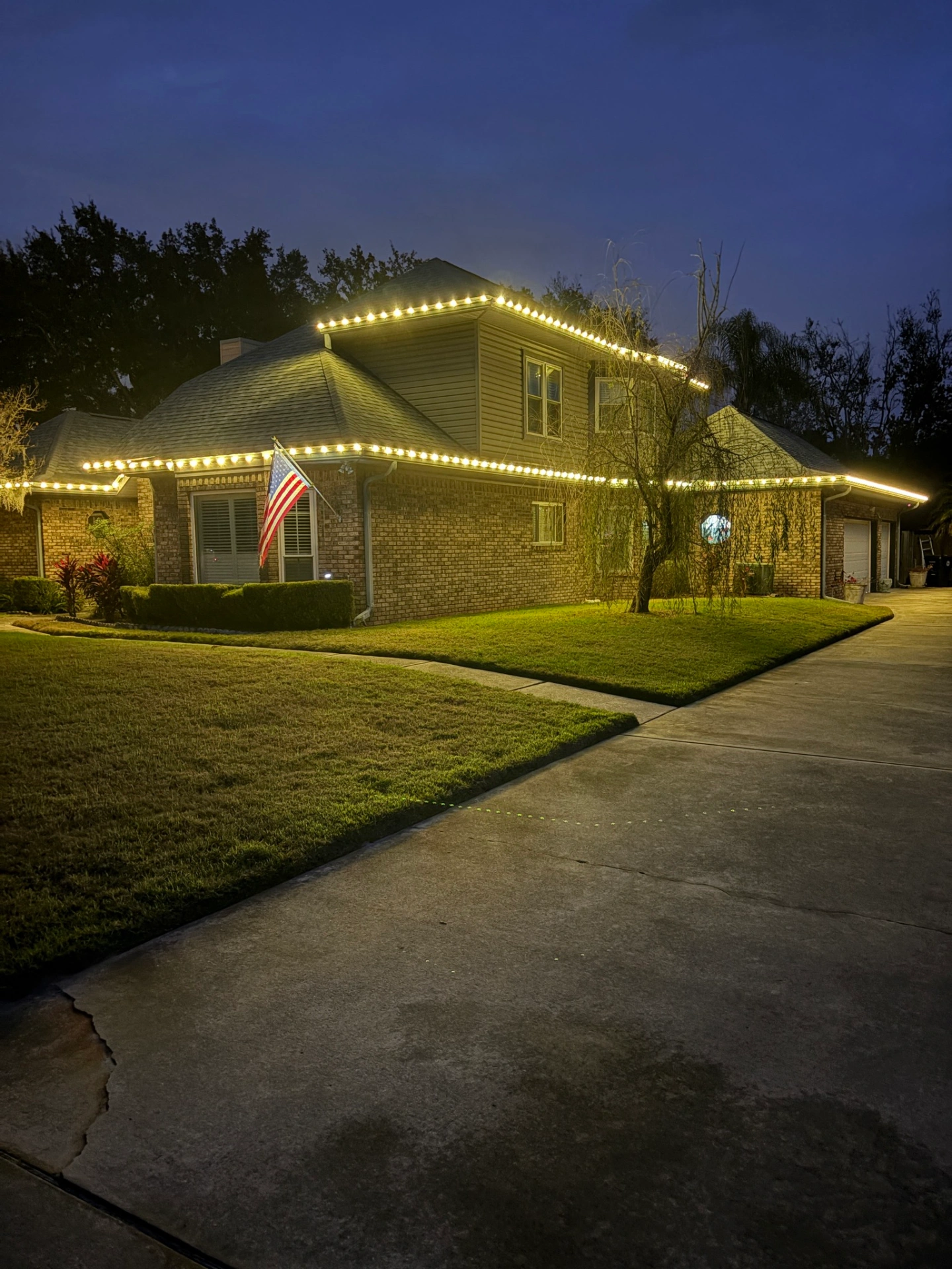 Warm white holiday lights with American flag